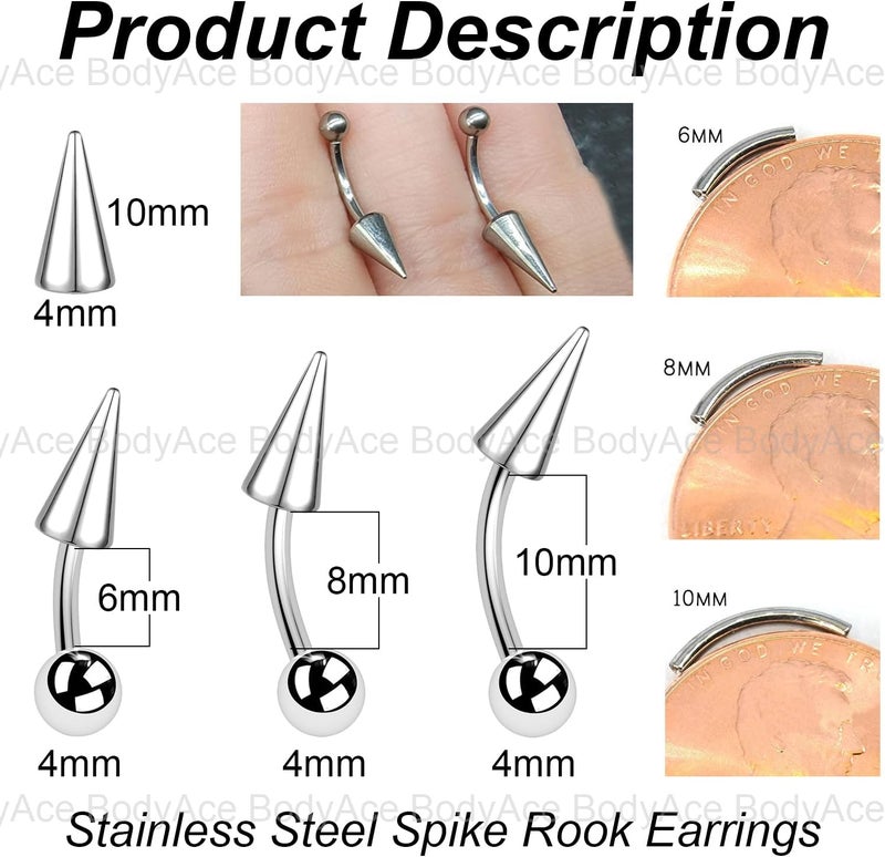 BodyAce 12PCS Spike Rook Earrings Eyebrow Rings, 316L Surgical Steel 16G Curved Barbell Cartilage Helix Earring, Lip Rings Tragus Daith Piercing Jewelry - Image 2